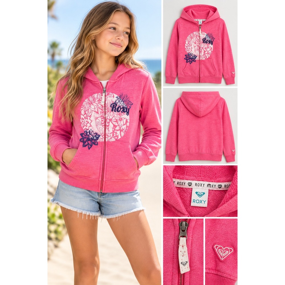 Roxy Girl Pink Floral Full Zip Hoodie Sweatshirt Kids Size 10/12 Large